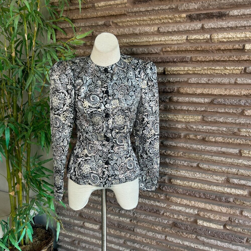 Scott McClintock Vintage 80s Metallic Silver Black Formal Blazer Size 6 - Picture 8 of 9